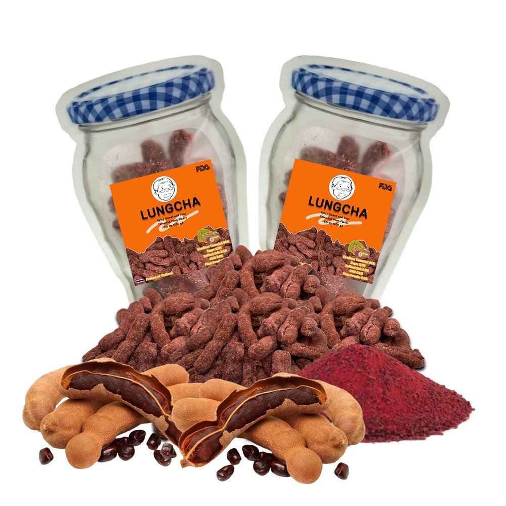LUNGCHA Spicy Sweet & Sour Plum Powder Mixed Flavor, Seedless Real THAI DRIED TAMARIND Variety Flavors Mixed 3.5 Oz. (100 g.) x 2 pack (Spicy Plum Powder Mixed)