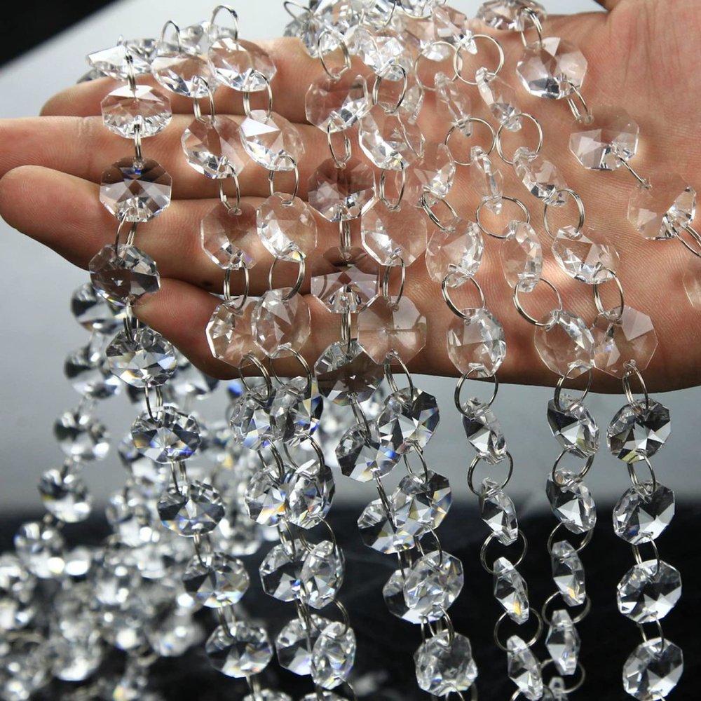 1M 14mm Octagon Beads with Silver Rings Hooks Crystal Chandelier Chain Garland for Transparent Crystal Beaded Curtain