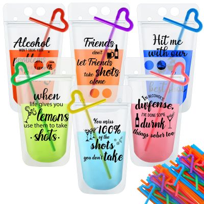 24 Sets Drink Pouches with Straws for Adults Stand up Plastic Zipper Drink Bags Reusable Juice Capri Sun Pouches Handheld for Drinking Summer Friendship Birthday Party