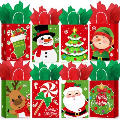 24 Pcs Christmas Gift Bags with Tissue Paper, Merry Christmas Xmas Kraft Paper Goodie Bags with Handles Bulk for Christmas Gift Wrapping Holiday Party Supplies (Santa Elk, Small)