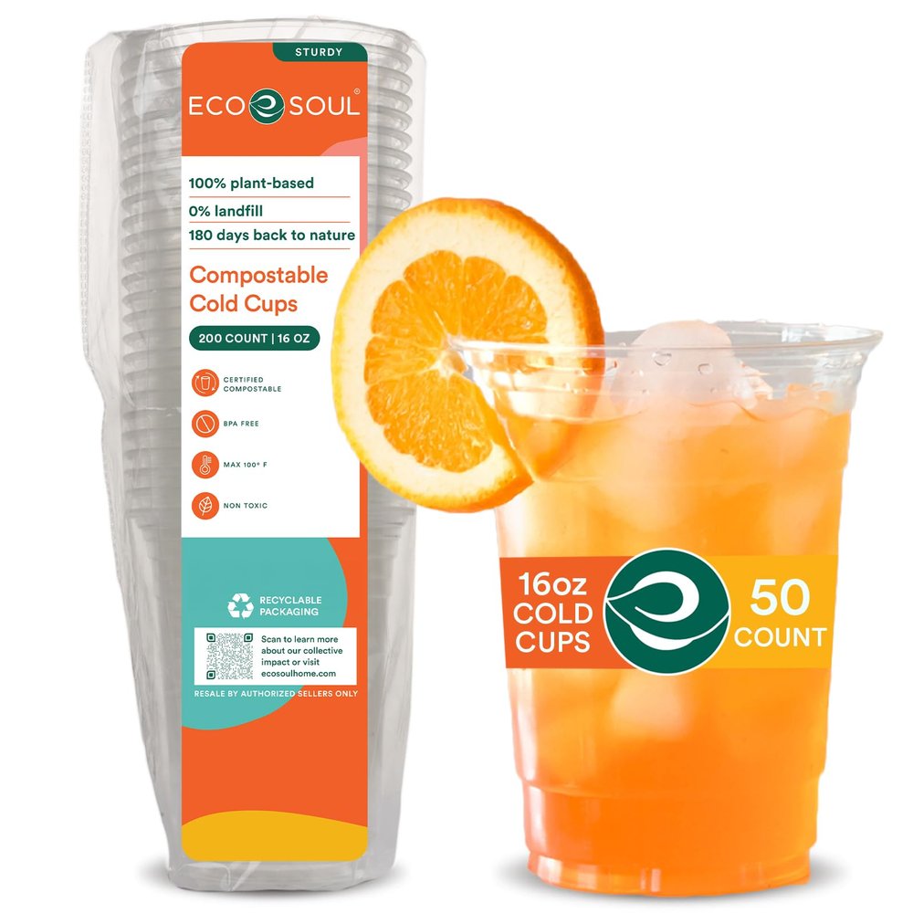 ECO SOUL 50 Pack Compostable Party Cups 16 oz Plant-Based Disposable Clear Cold Cup for Wine, Coffee, Smoothie & Soda Drinks | Cocktail Parties & Birthdays | Non-Toxic & BPA-Free Zero Plastic Glass