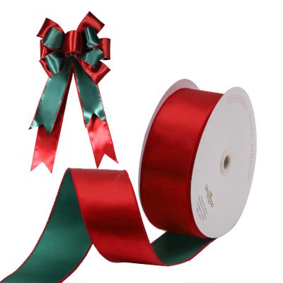 UNIQOOO 1 Roll 2.5 Inch x 30 Yards Reversible Red Green Christmas Wired Ribbon, Double Side Wired Edge Satin Silk Ribbon for Xmas Tree Dcor, Gift Wrapping Box, Bows, Wreath, Garland, Floral DIY Craft