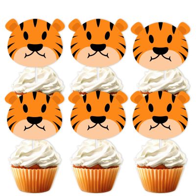 18pcs Gold Glitter Tiger Head Dessert Cupcake Topper for Animal Theme Decor Supplies Baby Shower Boy Girl Happy Birthday Party Decoration