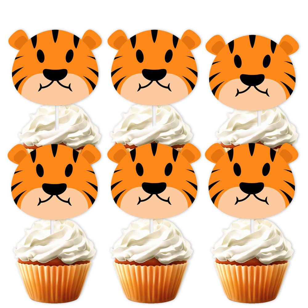18pcs Gold Glitter Tiger Head Dessert Cupcake Topper for Animal Theme Decor Supplies Baby Shower Boy Girl Happy Birthday Party Decoration
