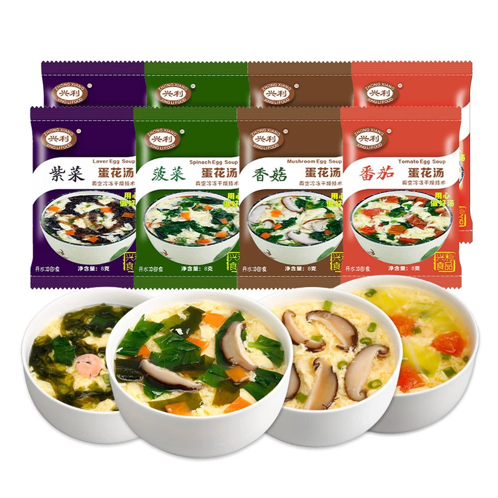 Egg Flower Soup Mix, Vegetable Mix Soup with 4 Flavors (Laver, Spinach, Mushroom, Tomato), 0.3 Ounce (8 Pack)