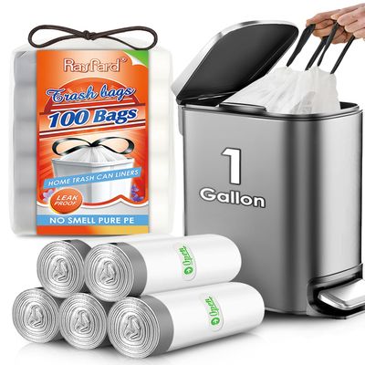 1 Gallon 100 Counts Mini Strong Drawstring Trash Bags Garbage Bags by RayPard, fit 3-4 Liter Small Trash Can, Tiny Waste Basket Liners for Home Office Bathroom Bedroom Car, White