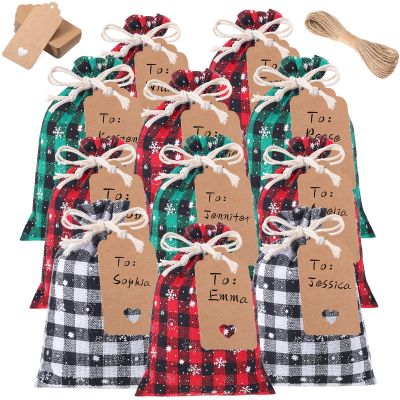 Shappy 48 Pcs Christmas Drawstring Bags Xmas Buffalo Plaid Burlap Candy Bags Linen Treat Sack Holiday Party Favor Christmas Sack Sachet with Cards and Rope(7 x 5 Inch,Black, Red, White, Green)