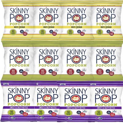 Skinny Pop Variety 12-Pack, Sweet & Salty Kettle, White Cheddar, Original, 12-0.5/0.8 oz Individual Bags