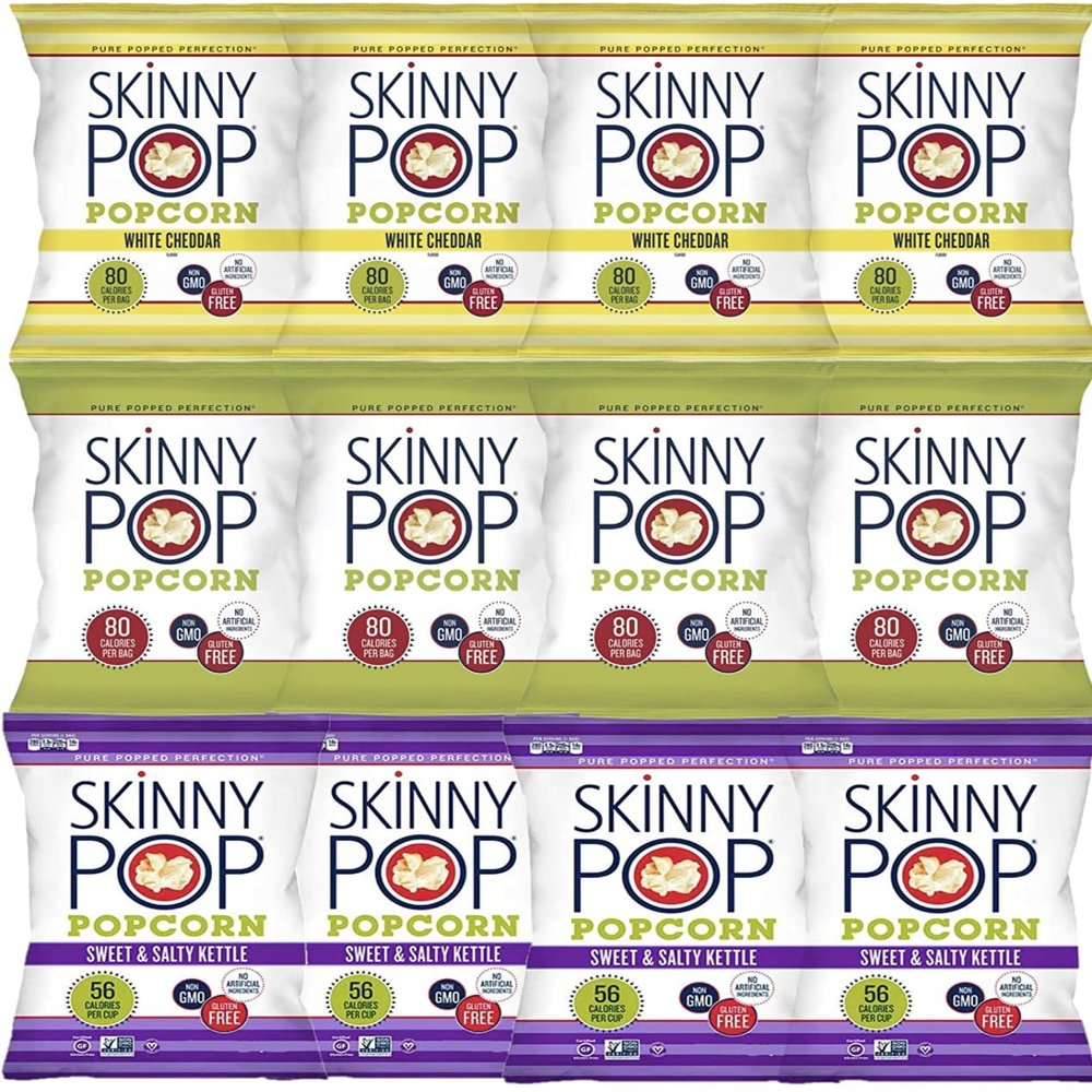 Skinny Pop Variety 12-Pack, Sweet & Salty Kettle, White Cheddar, Original, 12-0.5/0.8 oz Individual Bags