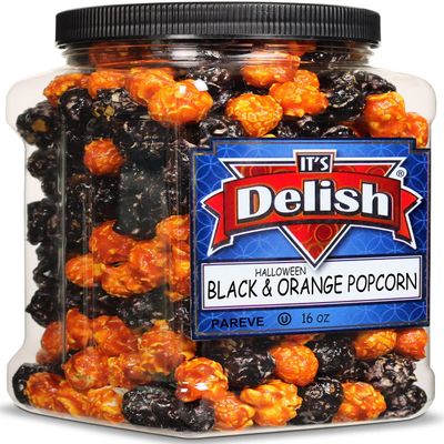 Spooky Pop Halloween Black & Orange Popcorn by It's Delish, 16 Oz Jumbo Container | Bulk Gourmet Air Popped Pop Corn Snack - Fruity Orange & Black Themed Candy Confetti Vegan, Kosher, 1 Count