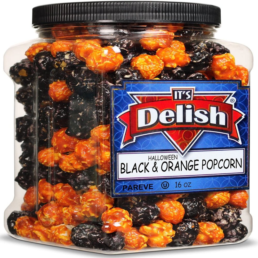 Spooky Pop Halloween Black & Orange Popcorn by It's Delish, 16 Oz Jumbo Container | Bulk Gourmet Air Popped Pop Corn Snack - Fruity Orange & Black Themed Candy Confetti Vegan, Kosher, 1 Count