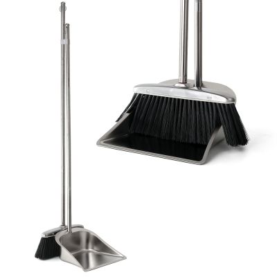 VOOWO Heavy Duty Broom and Dust pan Set, Stainless Steel Broom and Dustpan Set with Long Handle, Broom with Dustpan Set for Home Standing Dust Pan Indoor Outdoor Brooms Dustpan