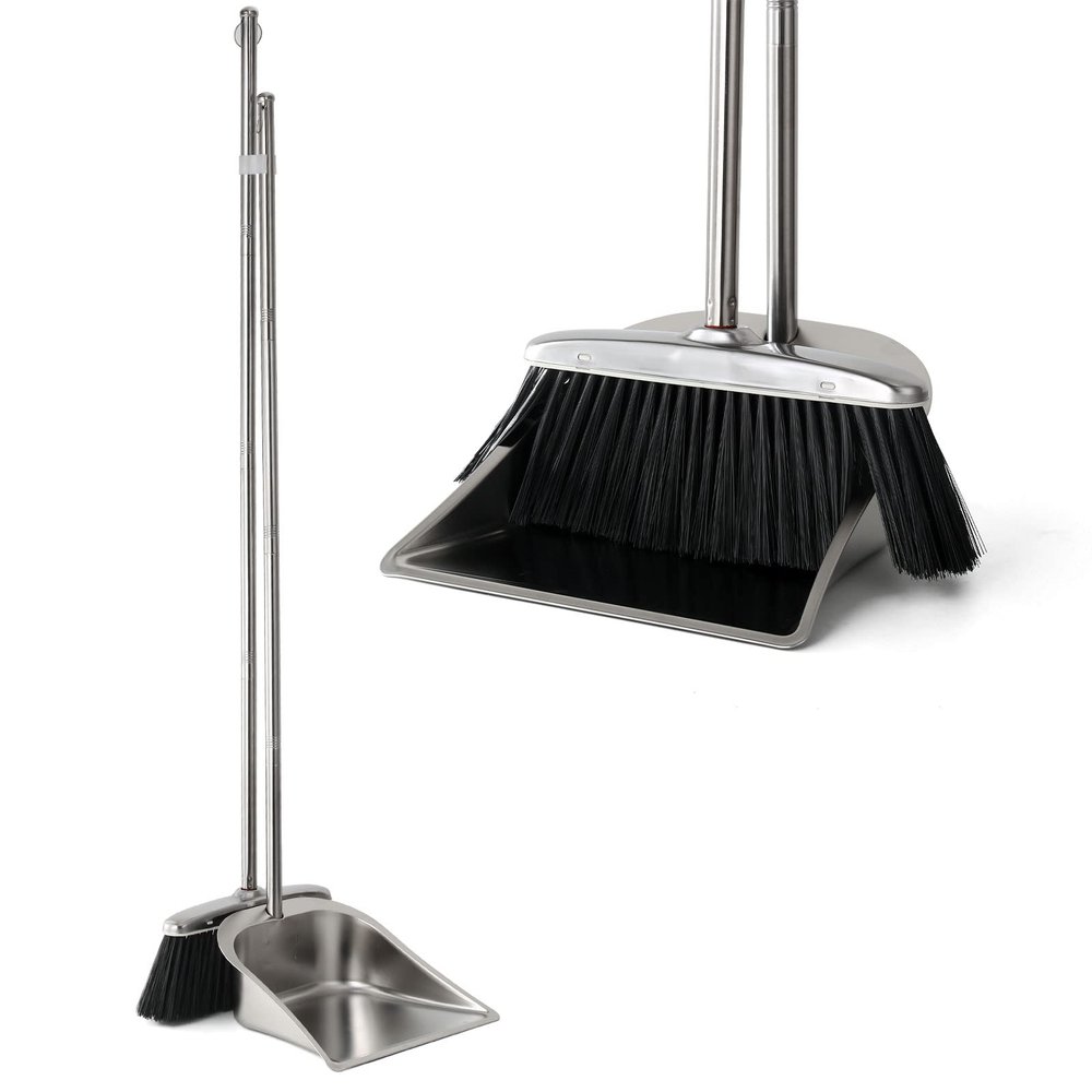 VOOWO Heavy Duty Broom and Dust pan Set, Stainless Steel Broom and Dustpan Set with Long Handle, Broom with Dustpan Set for Home Standing Dust Pan Indoor Outdoor Brooms Dustpan