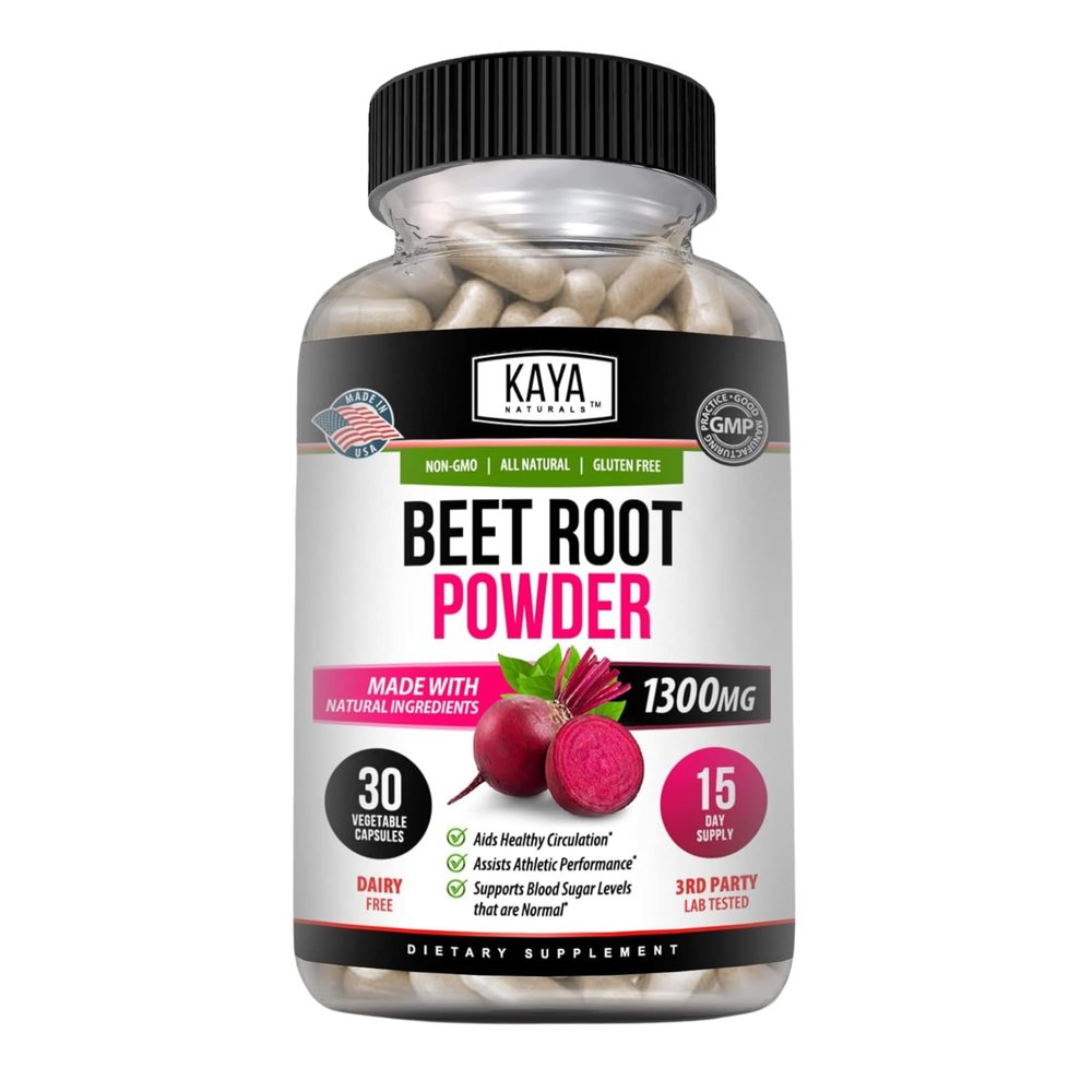 Kaya Naturals Premium Organic Beet Root Powder - Beet Root Extract, Non-GMO & Gluten-Free, 1300mg Per Serving - 30 Count Veggie Capsules