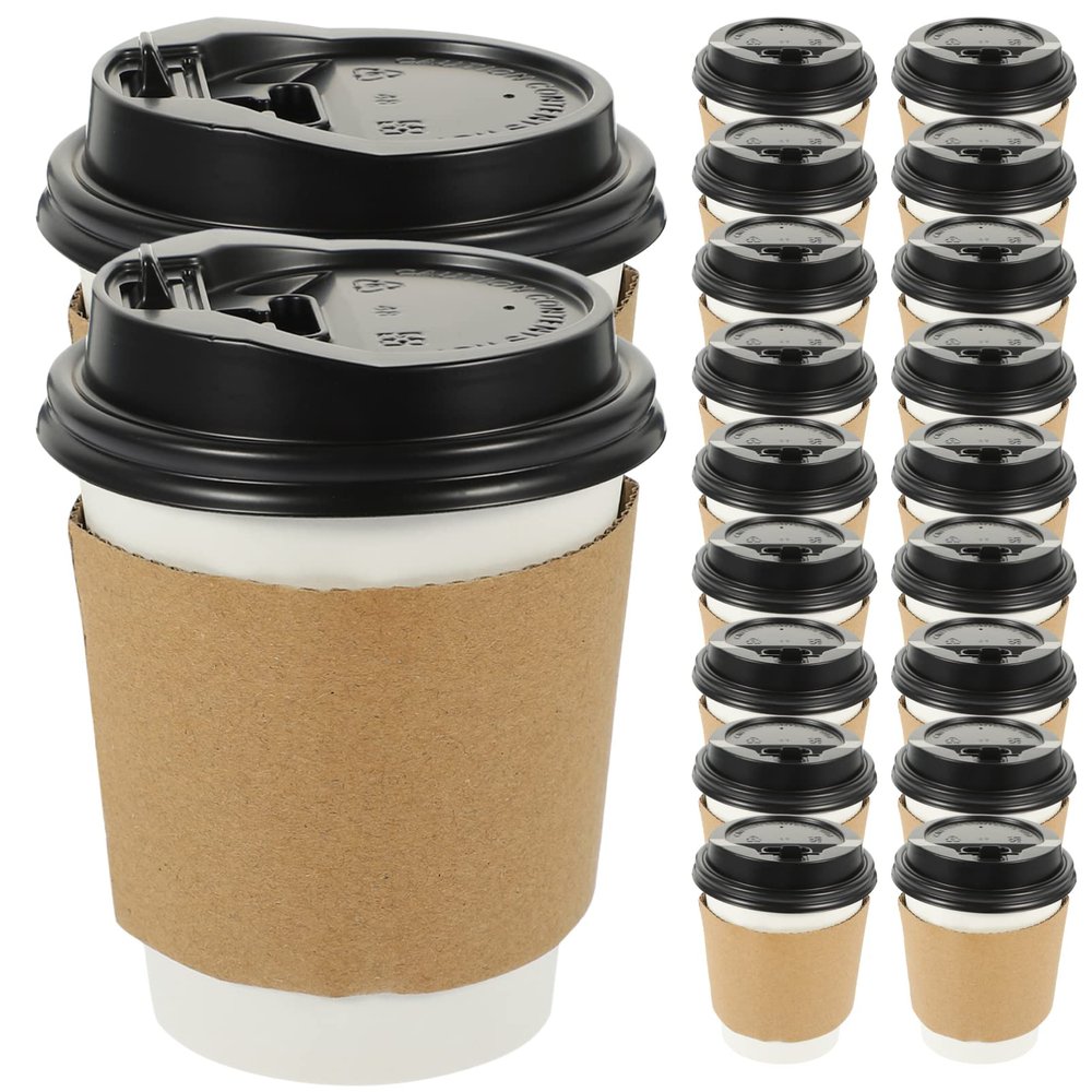 Hemoton 50sets Disposable Hot Beverage Cups Lids Thick Coffee and Tea Cups for Parties Takeout and Events Portable Design Sleeve for Easy Carrying