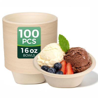 16 Oz [100 Pack] Small Disposable Paper Bowls - Heavy Duty and 100% Compostable - Natural Bagasse Biodegradable Bowls for Chili,Ice Cream,Dessert