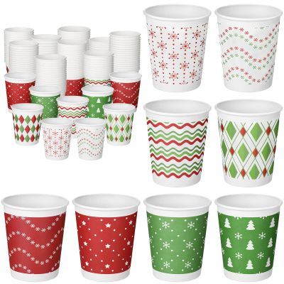 Sieral 144 Pcs Christmas Disposable Paper Cups Bulk 8 oz Christmas Coffee Cups Hot Chocolate Mug Snowflake Assorted Holiday for Xmas Party Drinking Tea Beverage Hot Cocoa Bar Winter Daily Use, 9 Style