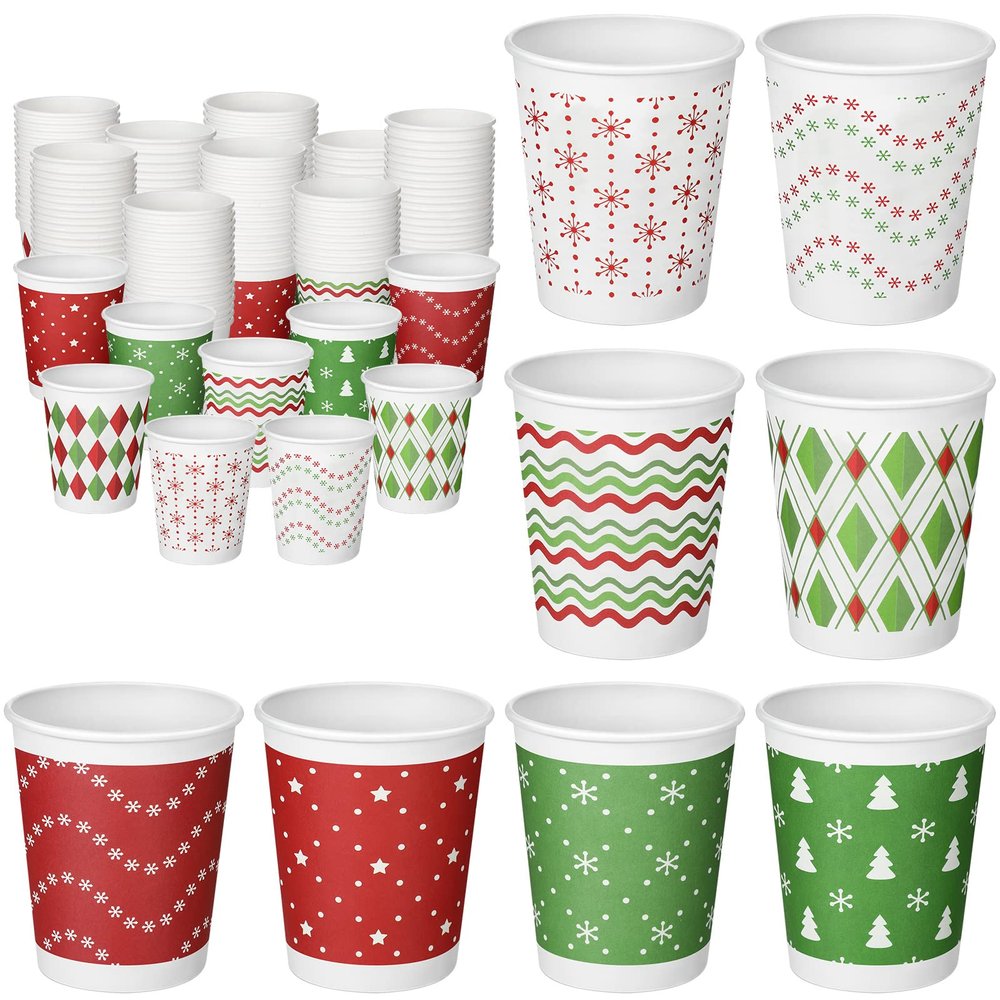 Sieral 144 Pcs Christmas Disposable Paper Cups Bulk 8 oz Christmas Coffee Cups Hot Chocolate Mug Snowflake Assorted Holiday for Xmas Party Drinking Tea Beverage Hot Cocoa Bar Winter Daily Use, 9 Style