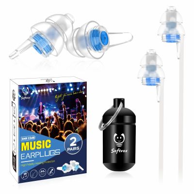 Softvox Concert Ear Plugs 2 Pairs, Noise Reduction Music Earplugs for Musicians, DJs, Festival, Raves, Loud Events, Hearing Protection for Adult/Kids 12+, incl Lanyard & Aluminum Case