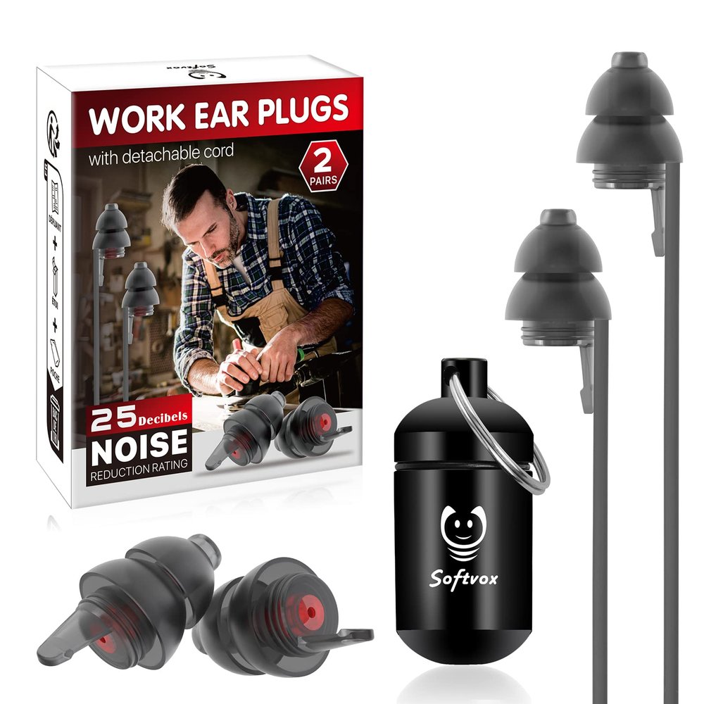 Softvox Corded Ear Plugs for Work 2 Pairs, 100x Reusable Ultra-Comfy Earplugs with Detachable String, Hearing Protection for Shooting Range Construction Mowing Focus Safety, 25 dB Noise Reduction