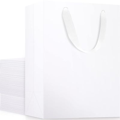 EUSOAR Medium White Gift Wrap Bags, 25 Pack 7.8x3.9x11 inches Shopping Bags with Handles Bulk, Party Favor Wrapping Bags for Wedding, Craft Grocery, Boutique, Merchandise, Retail, Business
