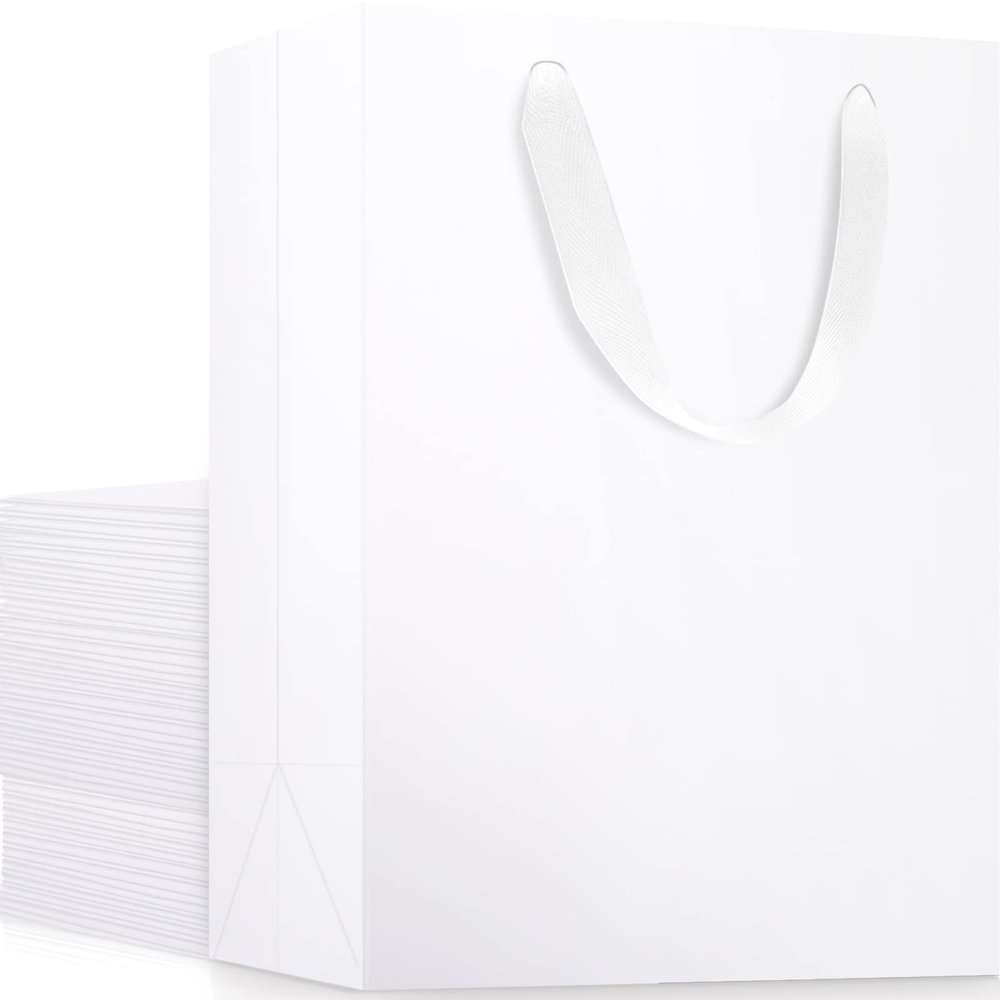 EUSOAR Medium White Gift Wrap Bags, 25 Pack 7.8x3.9x11 inches Shopping Bags with Handles Bulk, Party Favor Wrapping Bags for Wedding, Craft Grocery, Boutique, Merchandise, Retail, Business