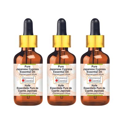 Greenwood Essential Pure Japanese Cypress Essential Oil (Chamaecyparis obtusa) with Glass Dropper Steam Distilled (Pack of Three) 100ml X 3 (10 oz)