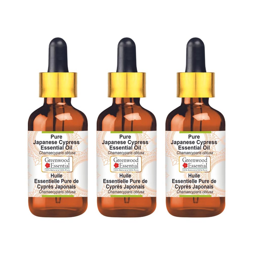 Greenwood Essential Pure Japanese Cypress Essential Oil (Chamaecyparis obtusa) with Glass Dropper Steam Distilled (Pack of Three) 100ml X 3 (10 oz)