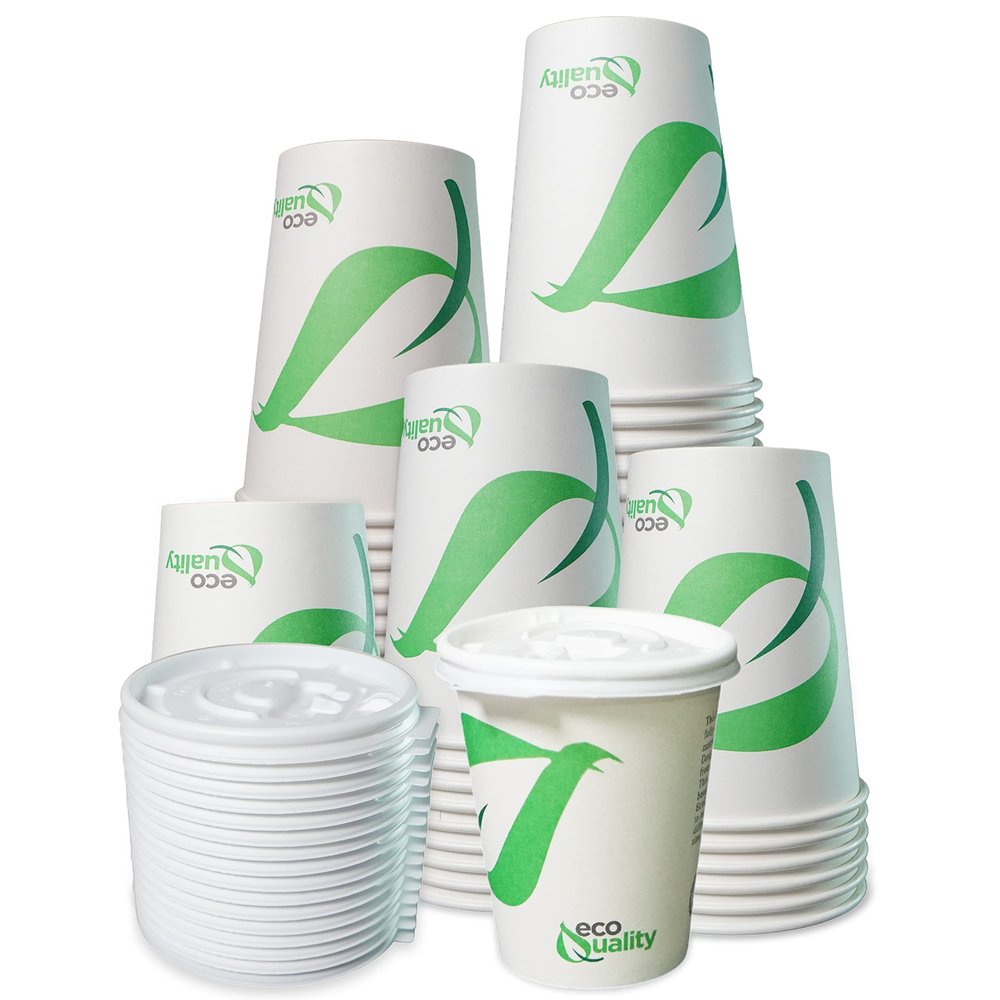 8 oz Compostable Paper Cups with White Flat Lids - Biodegradable Disposable White Paper Coffee Cups PLA Lined - Eco-friendly Hot and Cold Drinking Cups (400)
