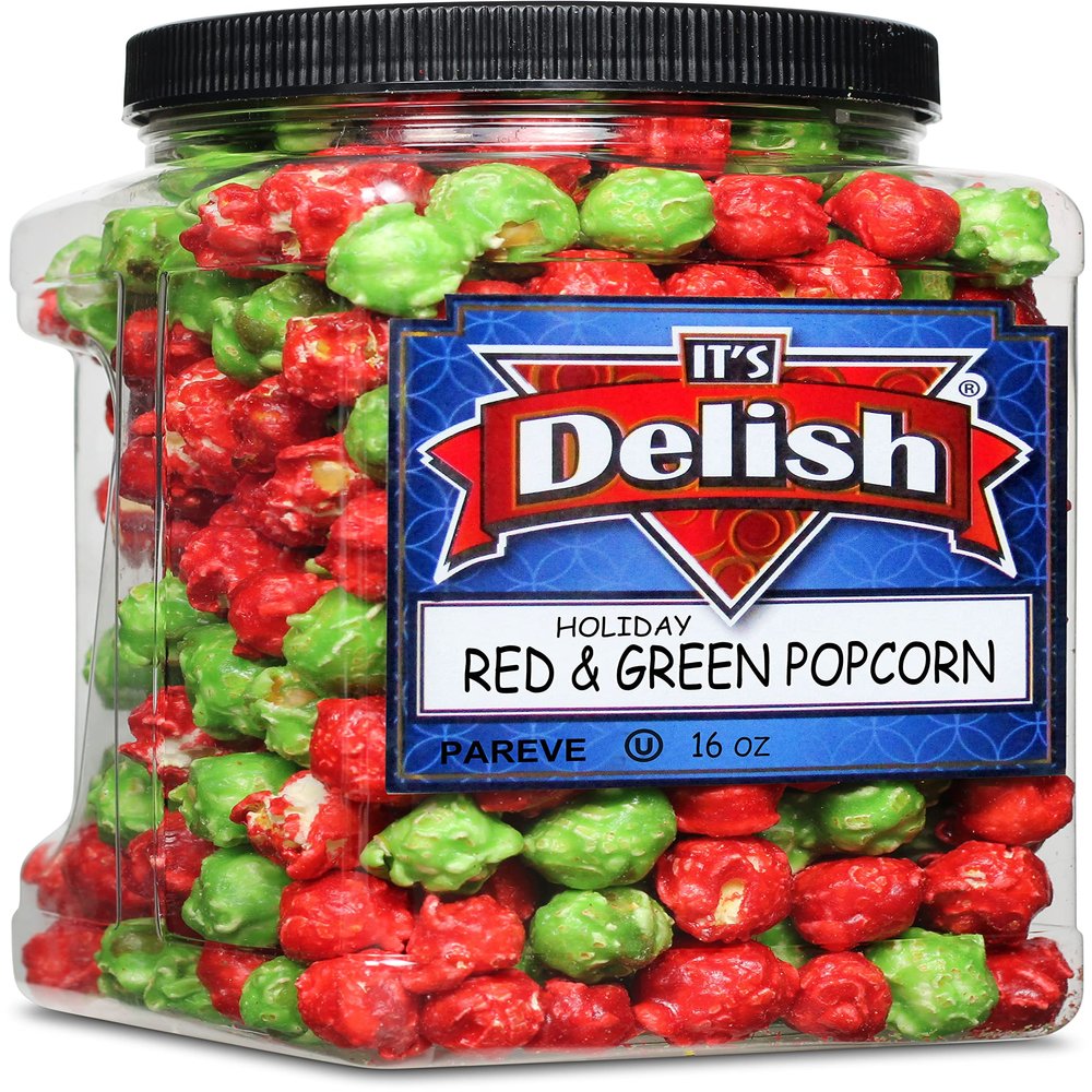 Holiday Red & Green Popcorn by It's Delish, 16 Oz Jumbo Container | Bulk Gourmet Air Popped Pop Corn Snack - Fruity Christmas Themed Candy Confetti  Gluten Free, Vegan, Kosher, 1 Count