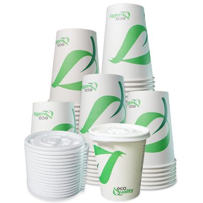 8 oz Compostable Paper Cups with White Flat Lids - Biodegradable Disposable White Paper Coffee Cups PLA Lined - Eco-friendly Hot and Cold Drinking Cups (1000)