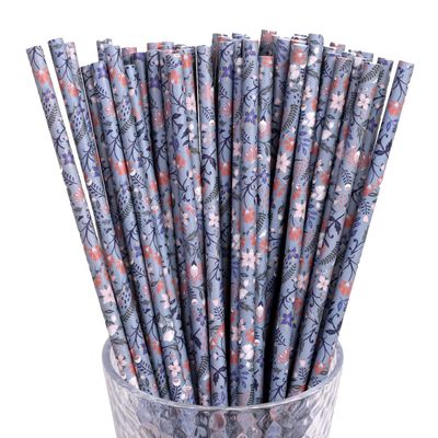 100 pcs Colored Floral Blue Paper Straws, Colorful Garden Classical Ancient Grey Purple Pink Red Flower Party Drinking Straws Bulk, Shabby Chic Tea Wedding Cake Pop Sticks (Blue Floral)