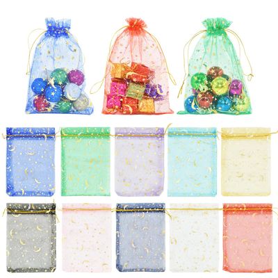 Renashed 100pcs Moon Stars Sheer Organza Bags with Drawstring - 10 Colors, Wedding & Party Favor Bags for Valentine's Day, Festivals (5 * 7inch/ 13 * 18cm)