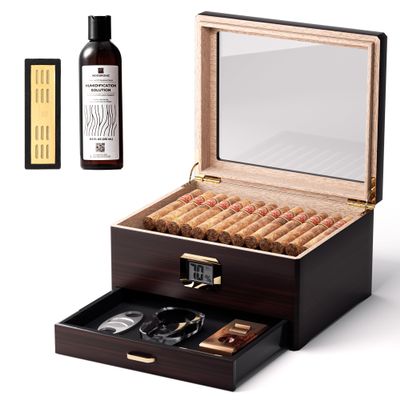 Woodronic Cigar Humidor for 50 Counts with Accessory Drawer, Crystal Gel Humidifier & Humidor Solution, Digital Hygrometer, Spanish Cedar Lined and Divider, Desktop Cigar Box Gift for Men