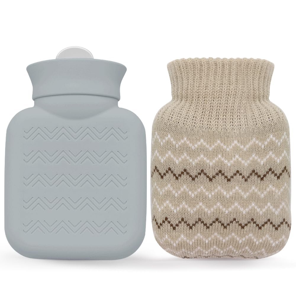 320ml Hot Water Bottle with Knited Cover, Mini Hot Water Bag for Pain Relief, Waist, Back, Neck, Shoulders, Small Leak Proof Hot Water Bottle with Removable Cover for Women, Kids, Best Gifts