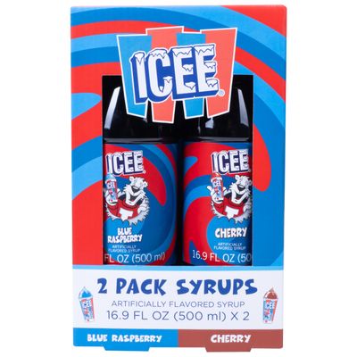 ICEE 2 Pack Slushie Syrups. Genuine ICEE Shaved Ice Syrups including Blue Raspberry and Red Cherry Flavors. 2 16.9 Fl oz Bottles. Perfect For Snow Cones, Slushies, Sodas & Ice Pops.