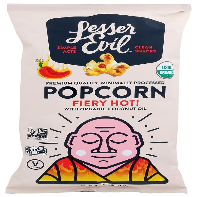 LesserEvil Fiery Hot Organic Popcorn, Premium Quality, Minimally Processed, No Vegetable Oil, 4.6 Oz, Pack of 3