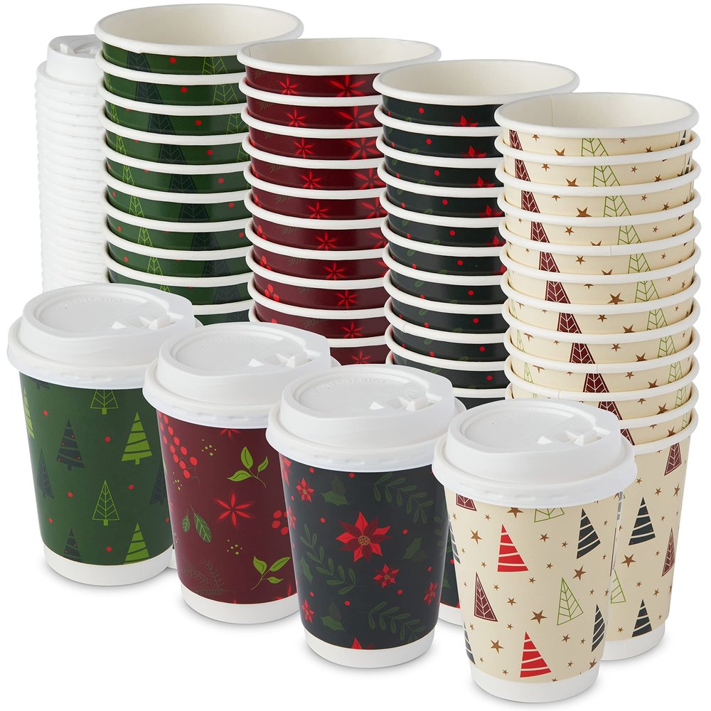 Royal Bluebonnet 48 Christmas Disposable Coffee Cups with Lids 12oz Double Walled Insulated Disposable Paper Coffee Cups To Go, 4 Christmas Designs of Cute to Go Coffee Cups with Lids
