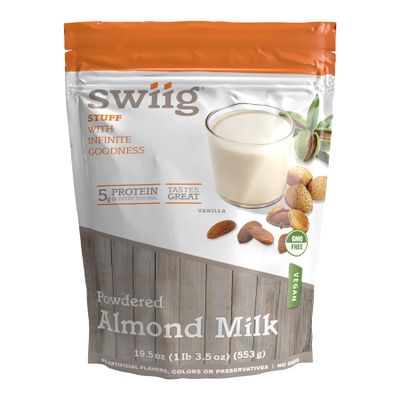 swiig Almond Milk Powder Vanilla Plant-Based Vegan Gluten-Free Non-GMO No Added Sugar 5g Protein Per Serving No Artificial Ingredients or Preservatives 1.22 lb