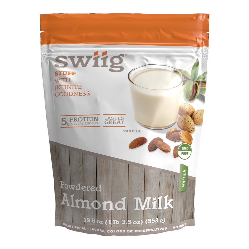 swiig Almond Milk Powder Vanilla Plant-Based Vegan Gluten-Free Non-GMO No Added Sugar 5g Protein Per Serving No Artificial Ingredients or Preservatives 1.22 lb