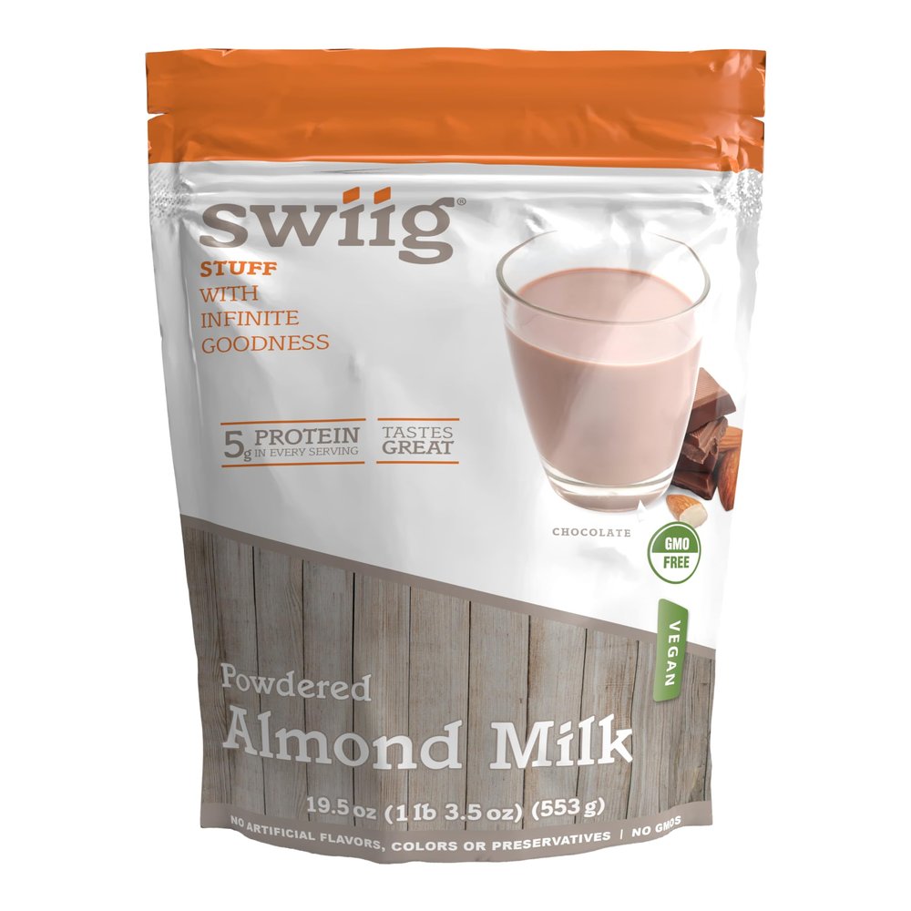 swiig Almond Milk Powder Chocolate Plant-Based Vegan Gluten-Free Non-GMO No Added Sugar 5g Protein Per Serving No Artificial Ingredients or Preservatives 1.22 lb
