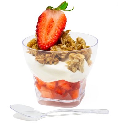 48 Pack Tiny 3 oz. Rum Shot Mini Dessert Parfait Cup with Spoons Professional-Grade Recyclable Transparent Clear Durable Disposable Plastic for Wedding, Banquets, Buffets CMJJ