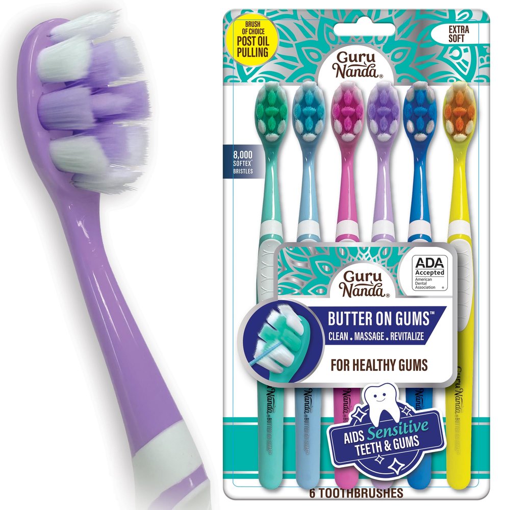 GuruNanda Butter On Gums Toothbrush, ADA Accepted, With 8000+ Ultra Soft Softex Bristles for Sensitive & Receding Gums, Perfect for Whiter Teeth, 6 Ct