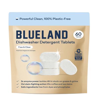 BLUELAND 100% Plastic-Free Dishwasher Detergent Tablets, 60 Count, Free & Clear, Eco-Friendly Dishwashing Pods, Natural, USDA Certified biobased