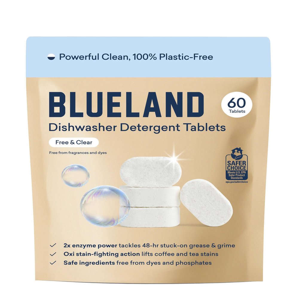 BLUELAND 100% Plastic-Free Dishwasher Detergent Tablets, 60 Count, Free & Clear, Eco-Friendly Dishwashing Pods, Natural, USDA Certified biobased