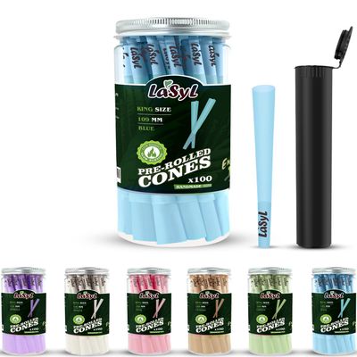 LaSyL Blue Pre Rolled Cones | 100 Pack King Size Cones Rolling Paper (4.3inch/109mm) | Preroll Papers with Filter Tips and Packing Tubes | Burn Slow and Even