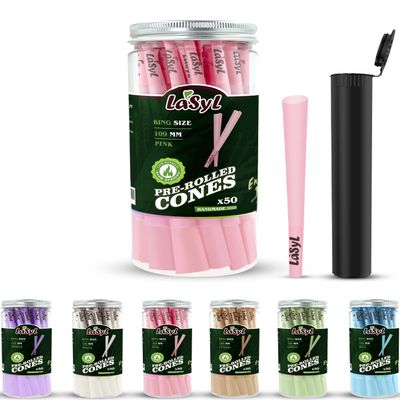 LaSyL Pink Pre Rolled Cones | 50 Pack King Size Cones Rolling Paper (4.3inch/109mm) | Preroll Papers with Filter Tips and Packing Tubes | Burn Slow and Even