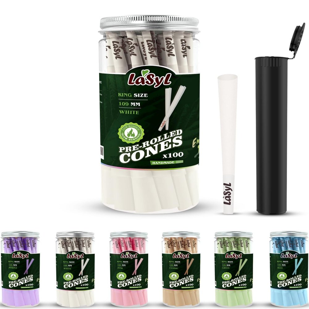 LaSyL White Pre Rolled Cones | 100 Pack King Size Cones Rolling Paper (4.3inch/109mm) | Preroll Papers with Filter Tips and Packing Tubes | Burn Slow and Even