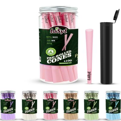 LaSyL Pink Pre Rolled Cones | 100 Pack King Size Cones Rolling Paper (4.3inch/109mm) | Preroll Papers with Filter Tips and Packing Tubes | Burn Slow and Even