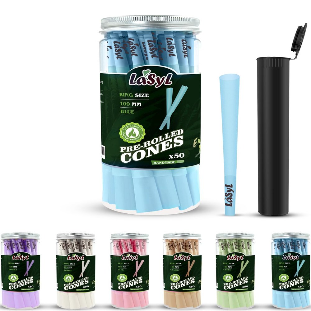 LaSyL Blue Pre Rolled Cones | 50 Pack King Size Cones Rolling Paper (4.3inch/109mm) | Preroll Papers with Filter Tips and Packing Tubes | Burn Slow and Even